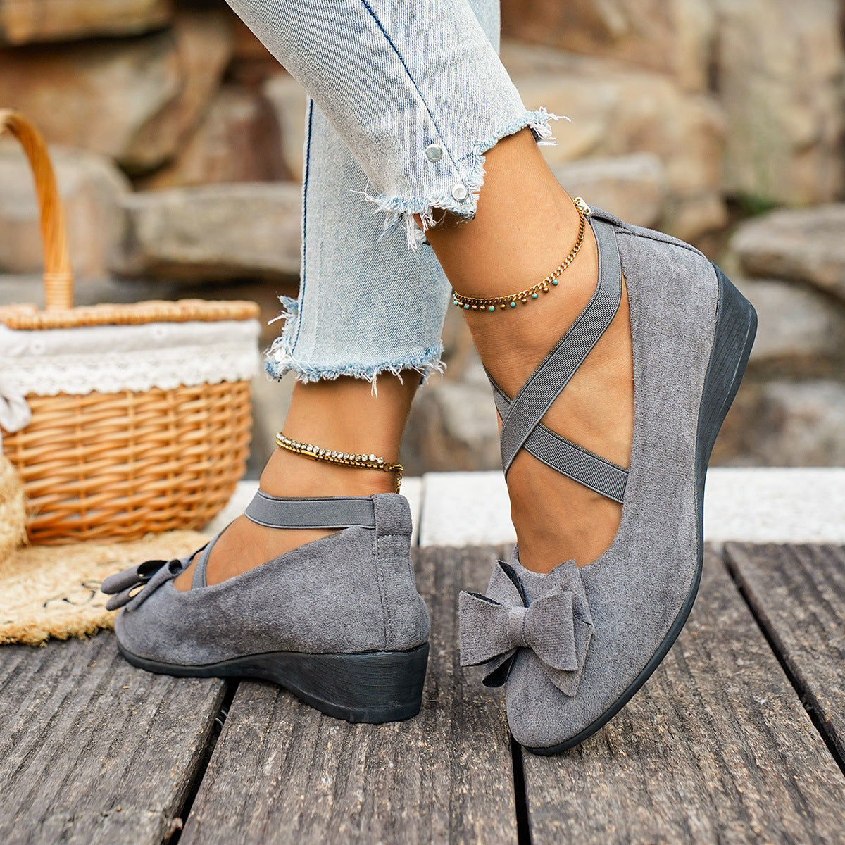 Fiorelle Women’s Elara Bow Suede Wedge Loafers – Elastic Cross-Strap Comfort Slip-Ons (US 5–10.5)