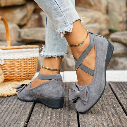 Fiorelle Women’s Elara Bow Suede Wedge Loafers – Elastic Cross-Strap Comfort Slip-Ons (US 5–10.5)