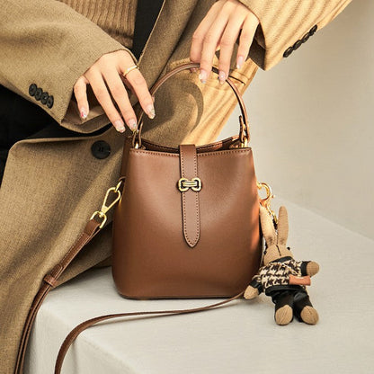 Fiorelle Women’s Bunny Charm Bucket Satchel — Cowhide Leather Convertible with Sculptural Clasp & Signature Whimsy