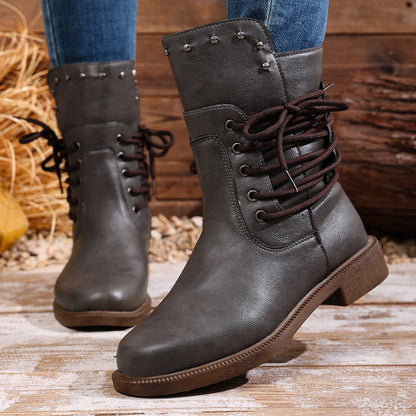 Fiorelle Women's Rivet Roma Boots - Side Lace Chunky Heel Mid Calf Boots (US 4-10.5)