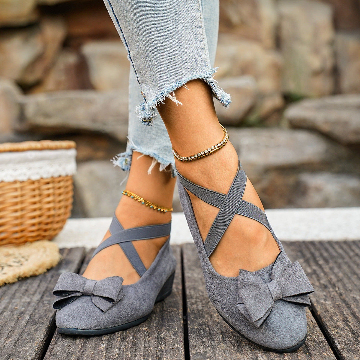 Fiorelle Women’s Elara Bow Suede Wedge Loafers – Elastic Cross-Strap Comfort Slip-Ons (US 5–10.5)