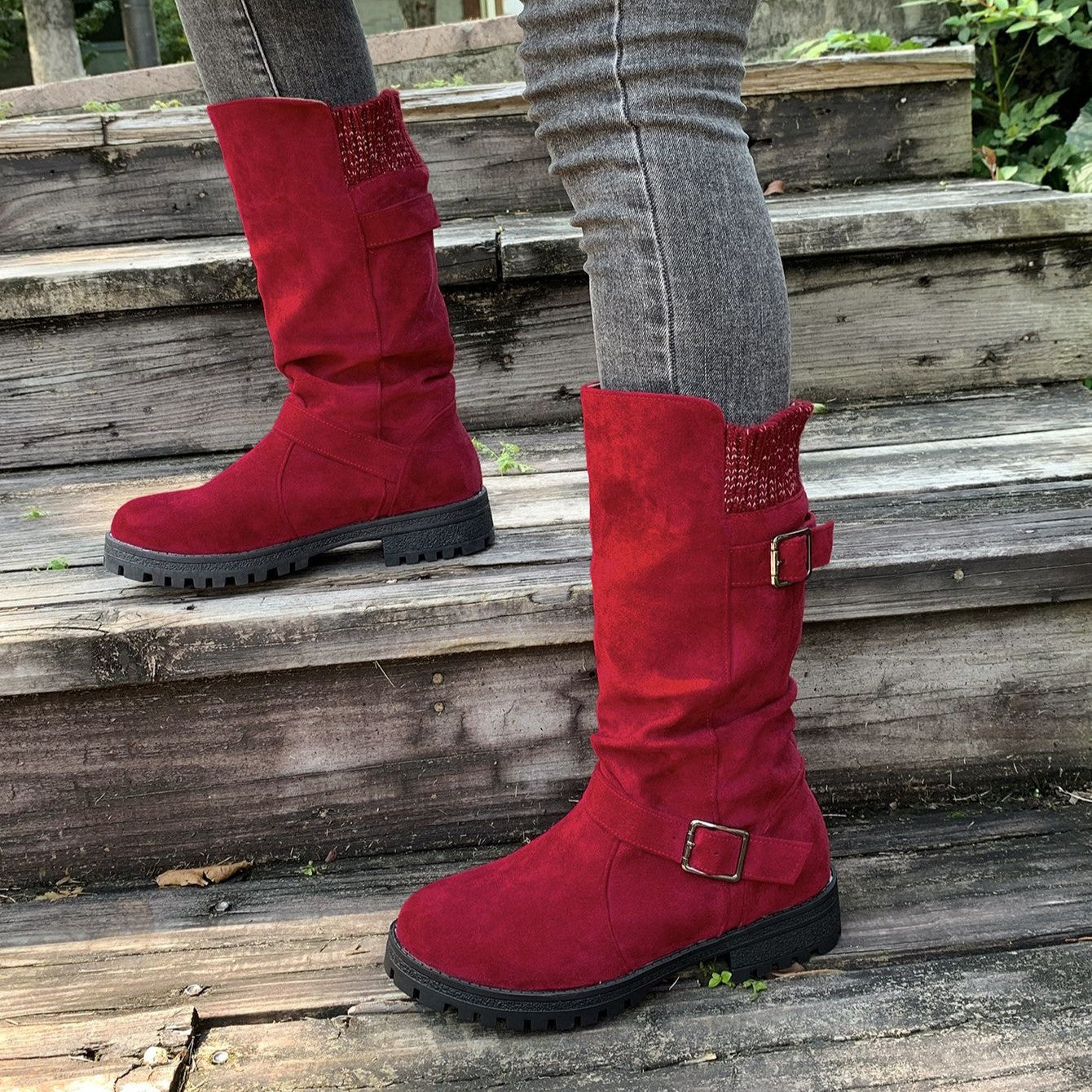 Fiorelle Women’s RanchWrap Buckle Mid-Calf Suede Boots – Knit Cuff Western-Style Slouchy Shoes (US 5–10.5)