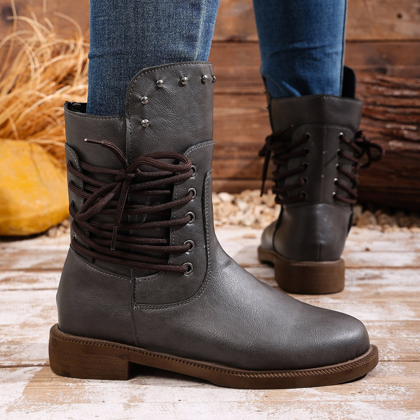 Fiorelle Women's Rivet Roma Boots - Side Lace Chunky Heel Mid Calf Boots (US 4-10.5)