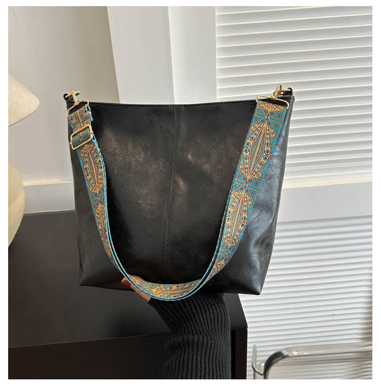 Fiorelle Women's Convertible Crossbody Bucket — Monochrome PU Carryall with Artisan-Embroidered Strap
