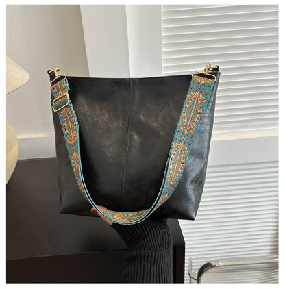 Fiorelle Women's Convertible Crossbody Bucket — Monochrome PU Carryall with Artisan-Embroidered Strap