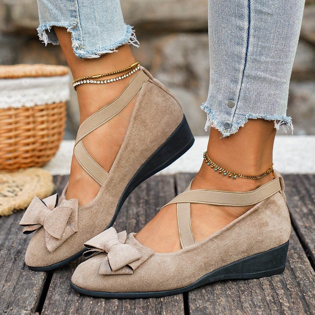Fiorelle Women’s Elara Bow Suede Wedge Loafers – Elastic Cross-Strap Comfort Slip-Ons (US 5–10.5)