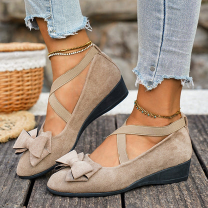 Fiorelle Women’s Elara Bow Suede Wedge Loafers – Elastic Cross-Strap Comfort Slip-Ons (US 5–10.5)