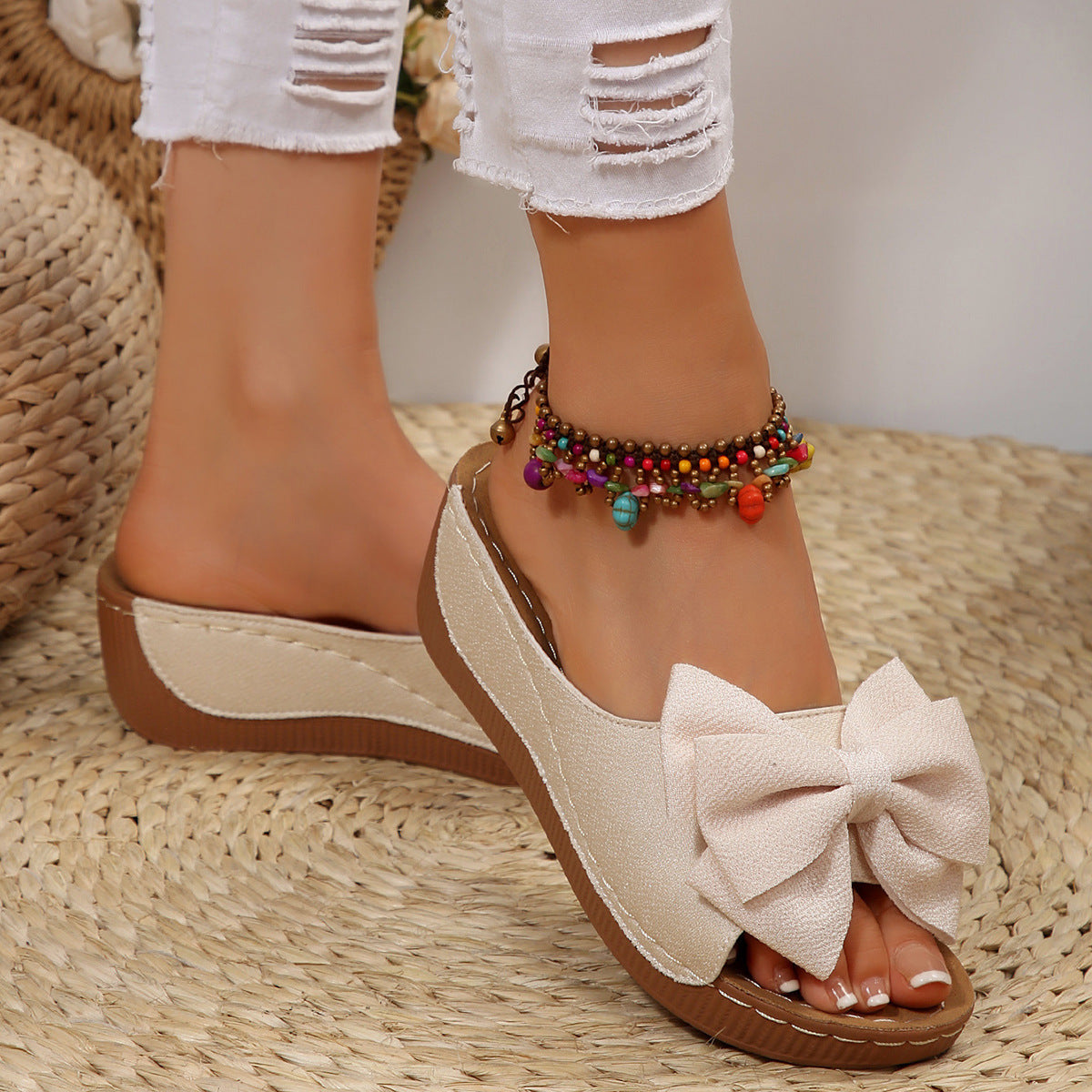 Fiorelle Women’s Liora Bow Flower Platform Wedge Slide Sandals – Peep-Toe Wide Strap Summer Slides (US 5–10.5)
