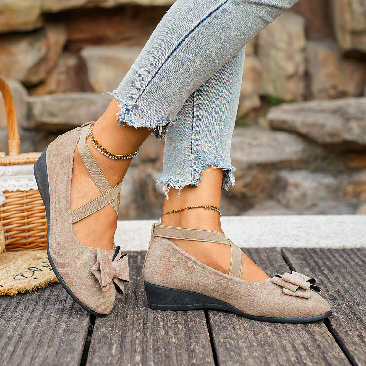 Fiorelle Women’s Elara Bow Suede Wedge Loafers – Elastic Cross-Strap Comfort Slip-Ons (US 5–10.5)