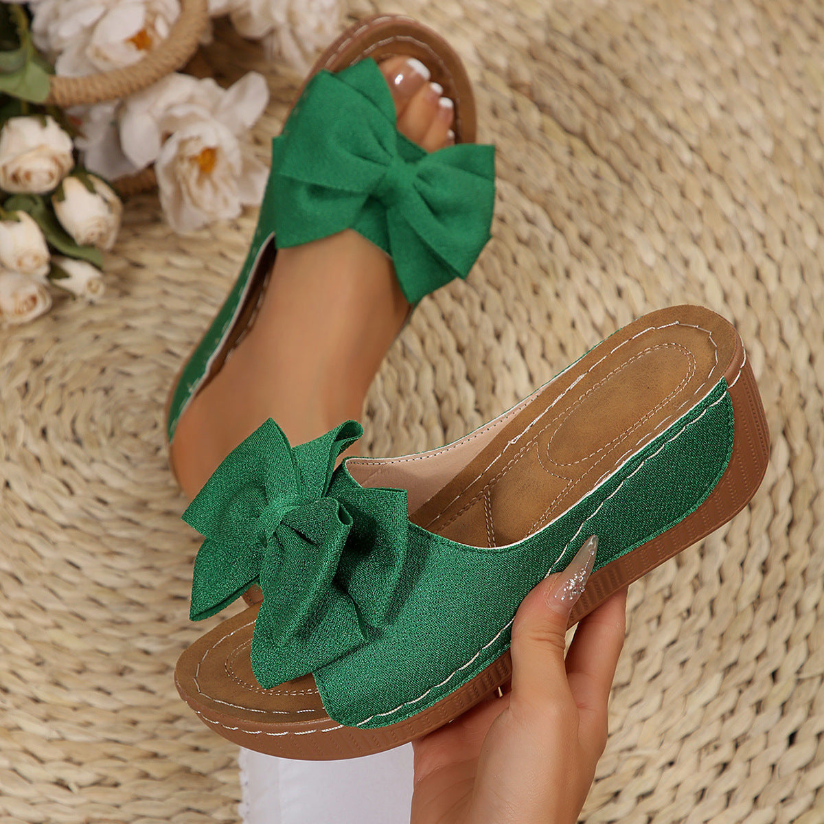 Fiorelle Women’s Liora Bow Flower Platform Wedge Slide Sandals – Peep-Toe Wide Strap Summer Slides (US 5–10.5)