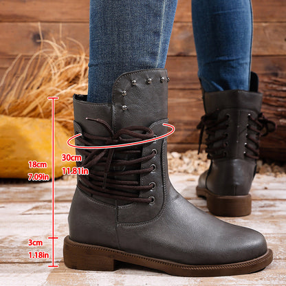 Fiorelle Women's Rivet Roma Boots - Side Lace Chunky Heel Mid Calf Boots (US 4-10.5)