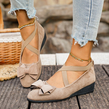Fiorelle Women’s Elara Bow Suede Wedge Loafers – Elastic Cross-Strap Comfort Slip-Ons (US 5–10.5)