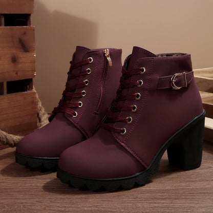Fiorelle Women's Buckle Decorated Chunky Heel Ankle Boots - Side Zipper & Lace-Up Round Toe Mid-Calf Equestrian Boots (US 4-10)