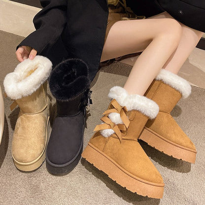 Fiorelle Women's Bow-Knit Cozy Winter Boots - Shearling Lined Chunky Platform Snow Boots (US 5-9.5)