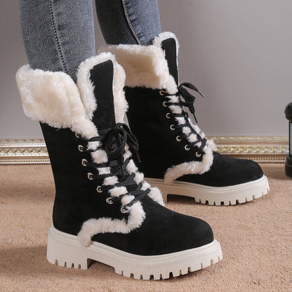 Fiorelle Winter New Women's Velvet Mid-Tube Cotton Boots with Thickened Lining and Height-Enhancing Design