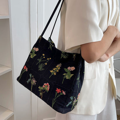 Fiorelle Women's Atelier Bloom Bucket — Artisan-Embroidered Canvas Commuter Tote with Structured Base & Dual Carry