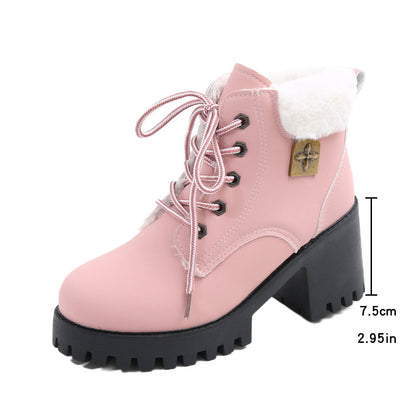 Fiorelle Women's Frosted Plush Combat Boot - Winter Lace-Up Ankle Boots with Block Heel & Commuter-Ready Grip (US 4-10)