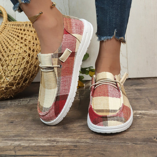 Fiorelle Women’s Heritage Check Slip-On — Vintage-Inspired Canvas Boat Shoe with CloudWalk Cushion & Extended Sizes (Up to US 10.5)