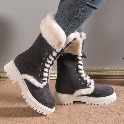 Fiorelle Winter New Women's Velvet Mid-Tube Cotton Boots with Thickened Lining and Height-Enhancing Design