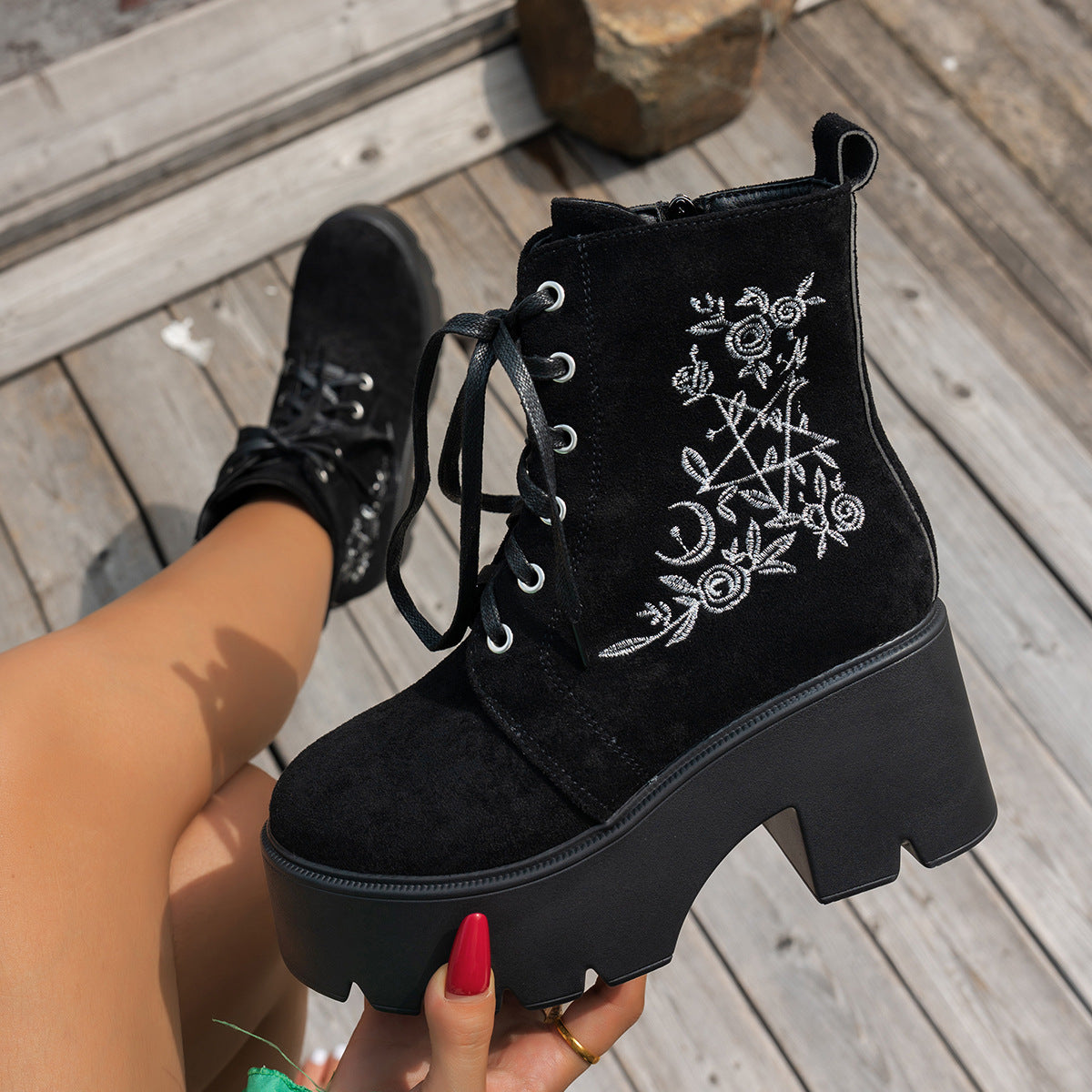 Fiorelle Women's Elfin Platform Ankle Boots - Embroidered Chunky Heel  Fall Winter Short Boots (US 4-10)