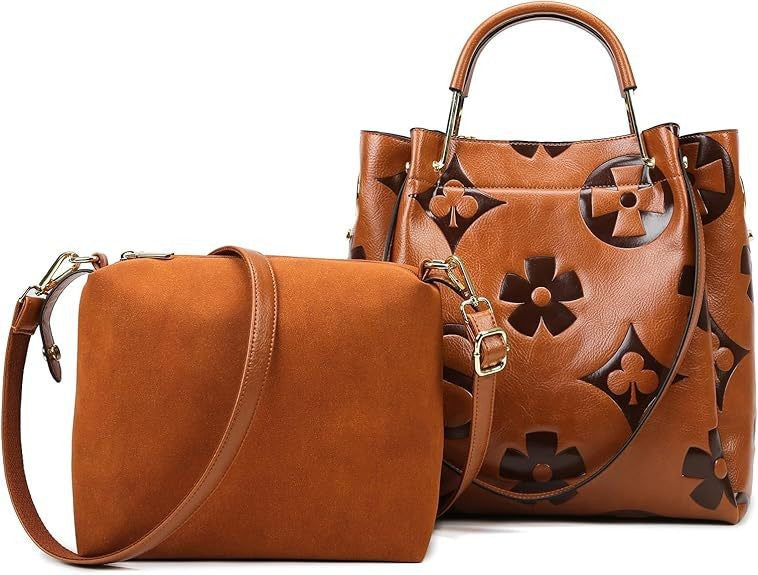 Fiorelle Women's Grain & Grace Bucket Bag - Vintage Embossed Carryall with Detachable Pouch for Women | Textured Leather Mother-Daughter Tote