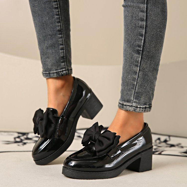 Fiorelle Women's Plus Size Bowknot Leather Shoes with Chunky Heel Platform
