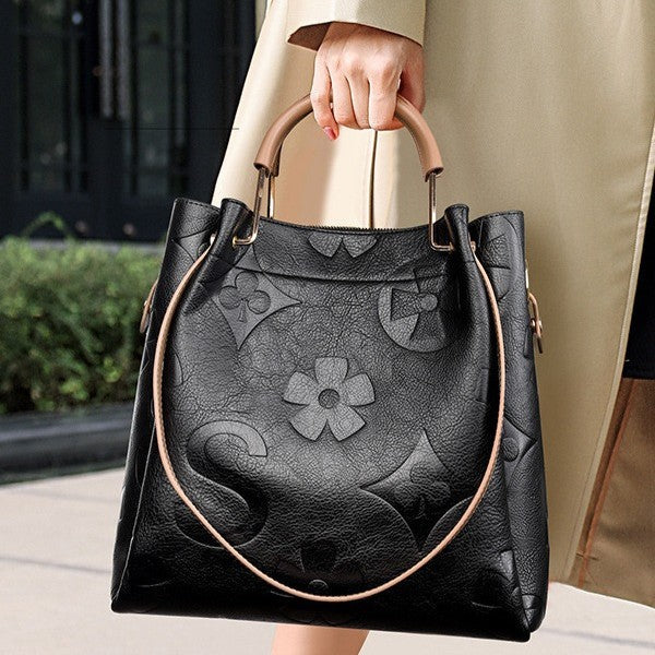 Fiorelle Women's Grain & Grace Bucket Bag - Vintage Embossed Carryall with Detachable Pouch for Women | Textured Leather Mother-Daughter Tote