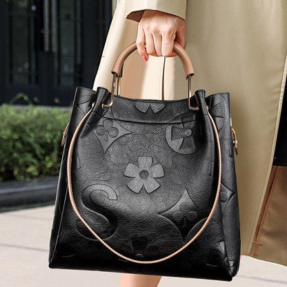 Fiorelle Women's Grain & Grace Bucket Bag - Vintage Embossed Carryall with Detachable Pouch for Women | Textured Leather Mother-Daughter Tote