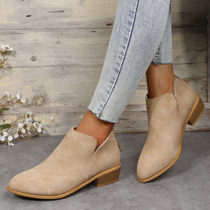 Fiorelle Plus Size Women's British-Inspired Solid-Color Pointed Toe Casual Fashion Boots with Rear Zipper & Low Chunky Hee