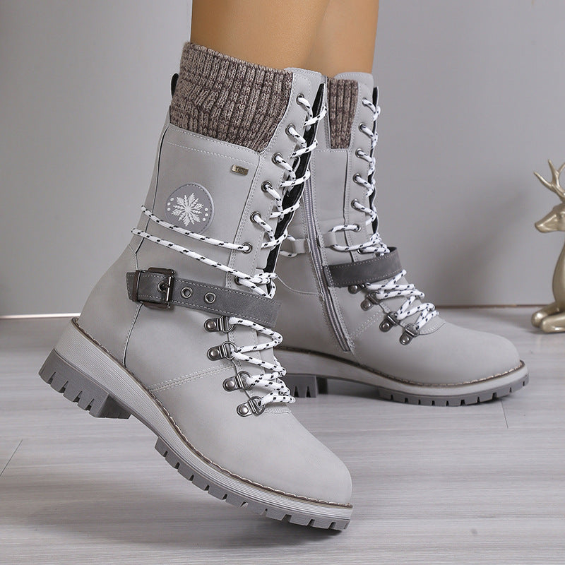 Fiorelle Women's Nordic Knit Combat Boot - High-Shaft Thermal Cotton Lined Snow Boots with Block Heel & Leather Accents Design (US 5-10.5)