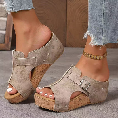 Fiorelle Women’s RetroBay Buckle Peep-Toe Wedge Sandals – Rivet-Detail Platform Beach Shoes (US 5–10.5)