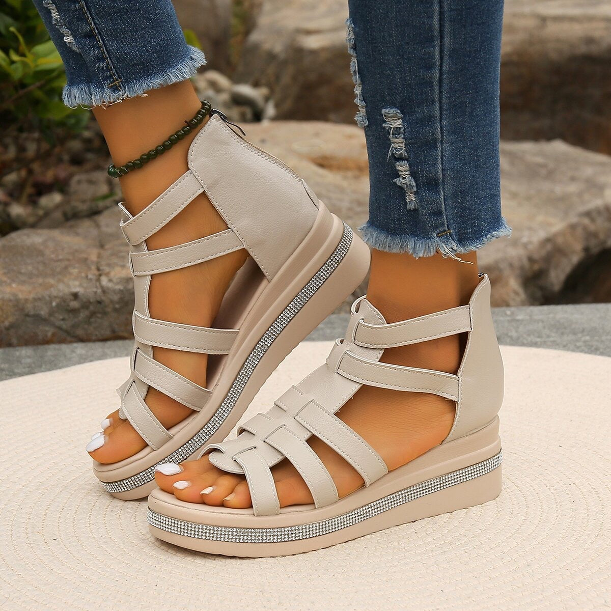 Fiorelle Women’s Plus Size Roman Zipper Sandals - Adjustable Ankle-Strap Slide Sandals with Height Boost for Summer
