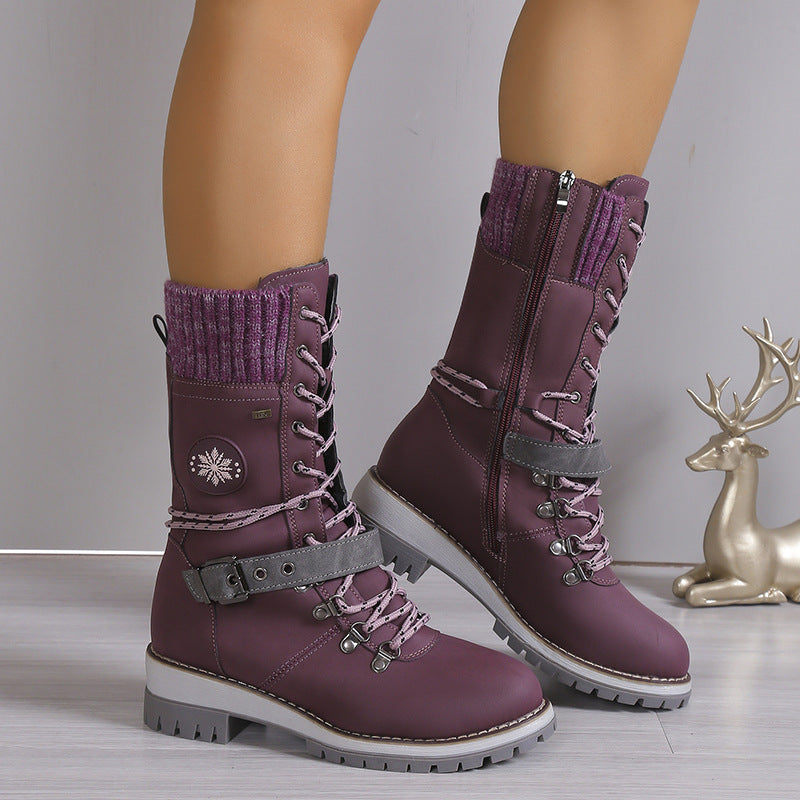 Fiorelle Women's Nordic Knit Combat Boot - High-Shaft Thermal Cotton Lined Snow Boots with Block Heel & Leather Accents Design (US 5-10.5)