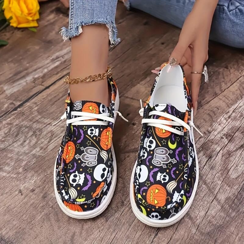 Fiorelle Women‘s Spooky Chic Canvas Sneakers - Halloween Pumpkin Skeleton Print Casual Shoes- US(5-9)