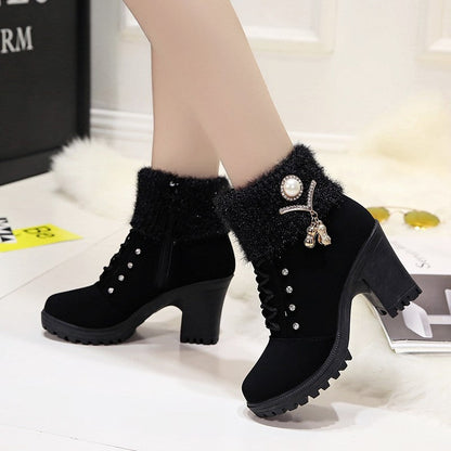 Fiorelle Women's Glam Knit-Cuff Boots - Rhinestone Decor Side Zip Block Heel Dress Boots (US 5-10)