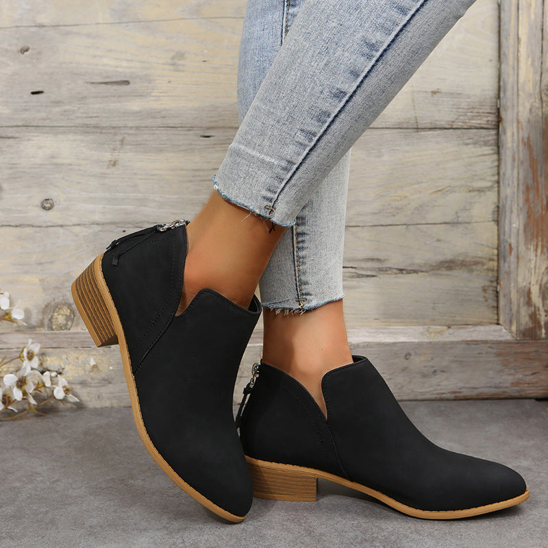 Fiorelle Plus Size Women's British-Inspired Solid-Color Pointed Toe Casual Fashion Boots with Rear Zipper & Low Chunky Hee