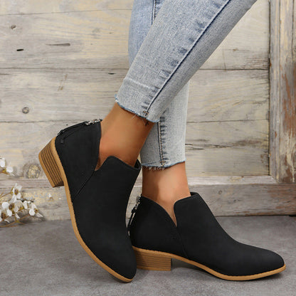 Fiorelle Plus Size Women's British-Inspired Solid-Color Pointed Toe Casual Fashion Boots with Rear Zipper & Low Chunky Hee