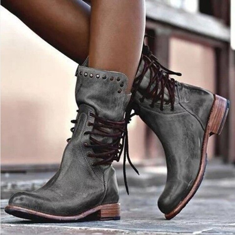 Fiorelle Women's Rivet Roma Boots - Side Lace Chunky Heel Mid Calf Boots (US 4-10.5)