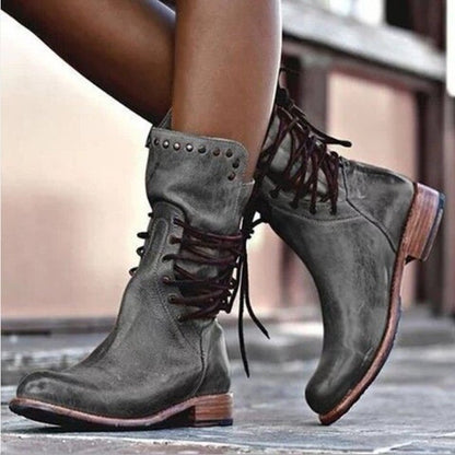 Fiorelle Women's Rivet Roma Boots - Side Lace Chunky Heel Mid Calf Boots (US 4-10.5)