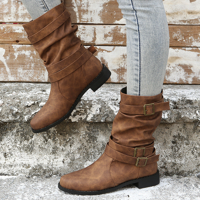 Fiorelle Women's Matte PU Buckle-Detailed Slouch Boots - Crushed Texture Stacked Mid-Calf Flat Boots (US 5-10.5)
