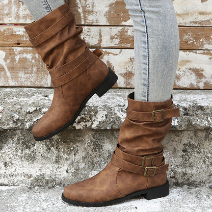 Fiorelle Women's Matte PU Buckle-Detailed Slouch Boots - Crushed Texture Stacked Mid-Calf Flat Boots (US 5-10.5)