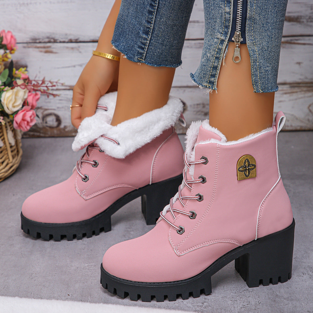 Fiorelle Women's Alpine Luxe Combat Boot - Chunky Sole Mid-Heel Weatherproof Ankle Boots with Faux Fur Lining & Classic Lace-Up Design (US 4-10)