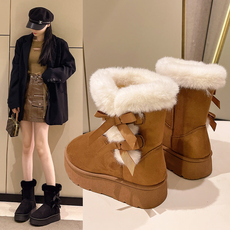 Fiorelle Women's Bow-Knit Cozy Winter Boots - Shearling Lined Chunky Platform Snow Boots (US 5-9.5)