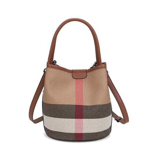 Fiorelle Women’s Regent Plaid Bucket Satchel — Heritage Check Full-Grain Leather Convertible with Detachable Pouch & Effortless Transition Carry
