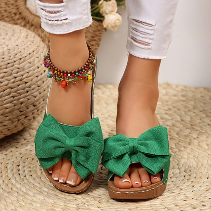 Fiorelle Women’s Liora Bow Flower Platform Wedge Slide Sandals – Peep-Toe Wide Strap Summer Slides (US 5–10.5)