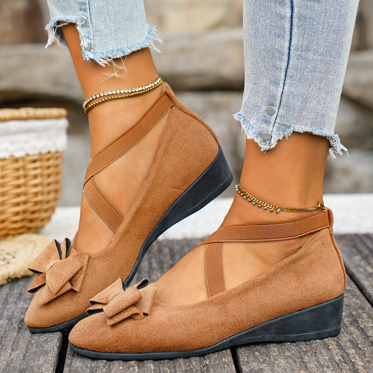 Fiorelle Women’s Elara Bow Suede Wedge Loafers – Elastic Cross-Strap Comfort Slip-Ons (US 5–10.5)