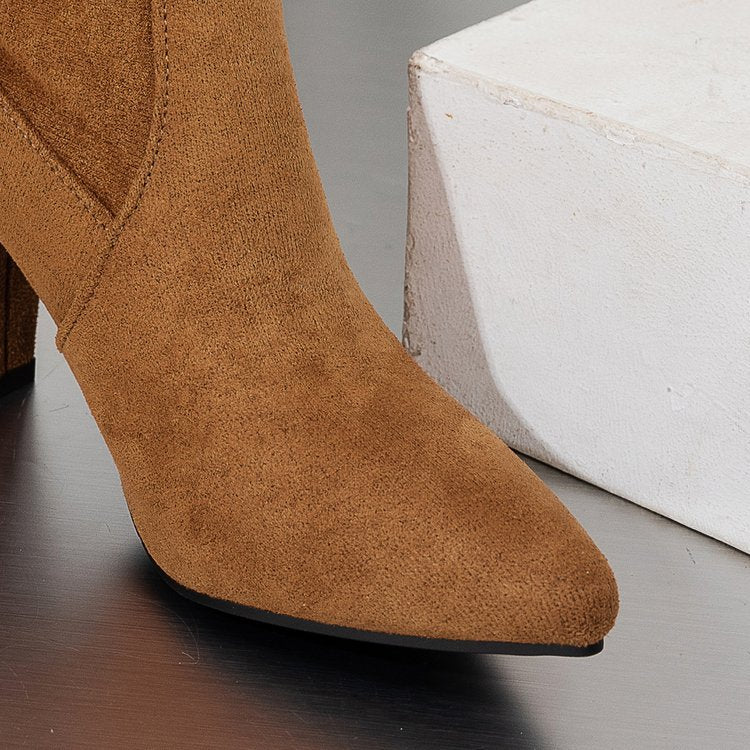 Fiorelle Women’s Suede ChunkyEdge Knee-High Boots – Pointed Toe Chunky Heel Tall Boots (US 4–10.5)