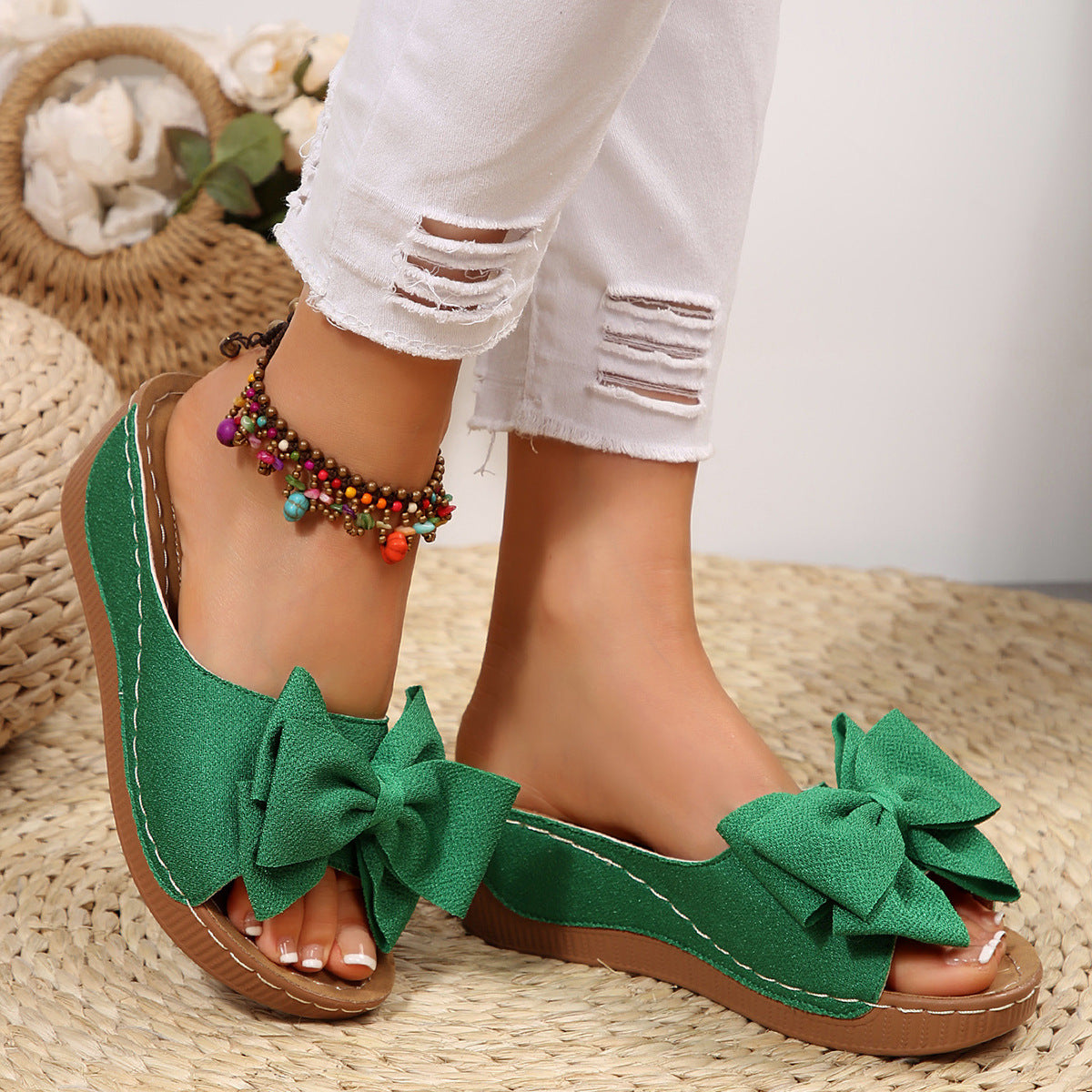 Fiorelle Women’s Liora Bow Flower Platform Wedge Slide Sandals – Peep-Toe Wide Strap Summer Slides (US 5–10.5)