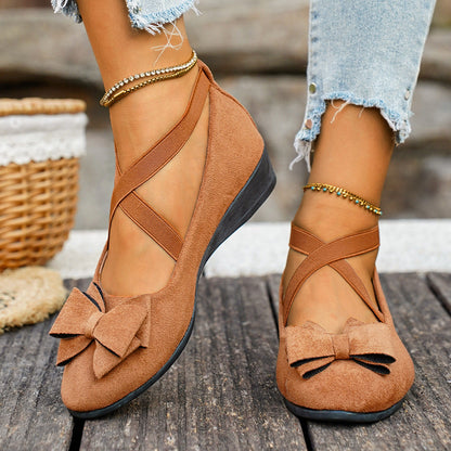 Fiorelle Women’s Elara Bow Suede Wedge Loafers – Elastic Cross-Strap Comfort Slip-Ons (US 5–10.5)