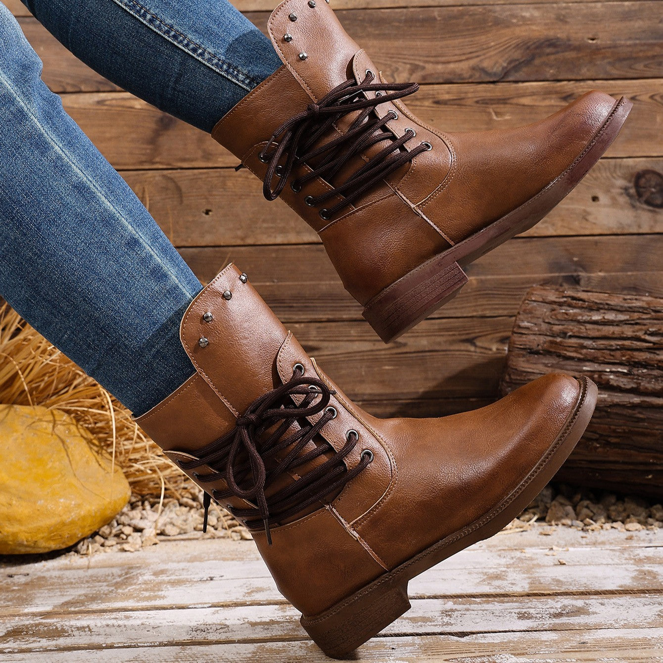 Fiorelle Women's Rivet Roma Boots - Side Lace Chunky Heel Mid Calf Boots (US 4-10.5)